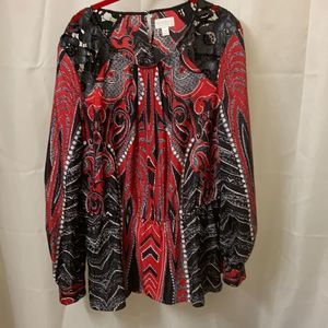 Red/black/white print elastic waist black faux leather trim on shoulders XL